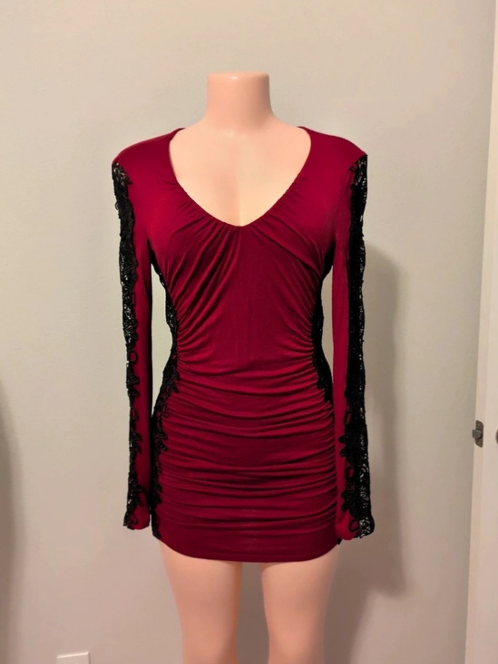 Venus Ruched Lace Sleeve Mini Dress in Burgundy & Black Size XS
